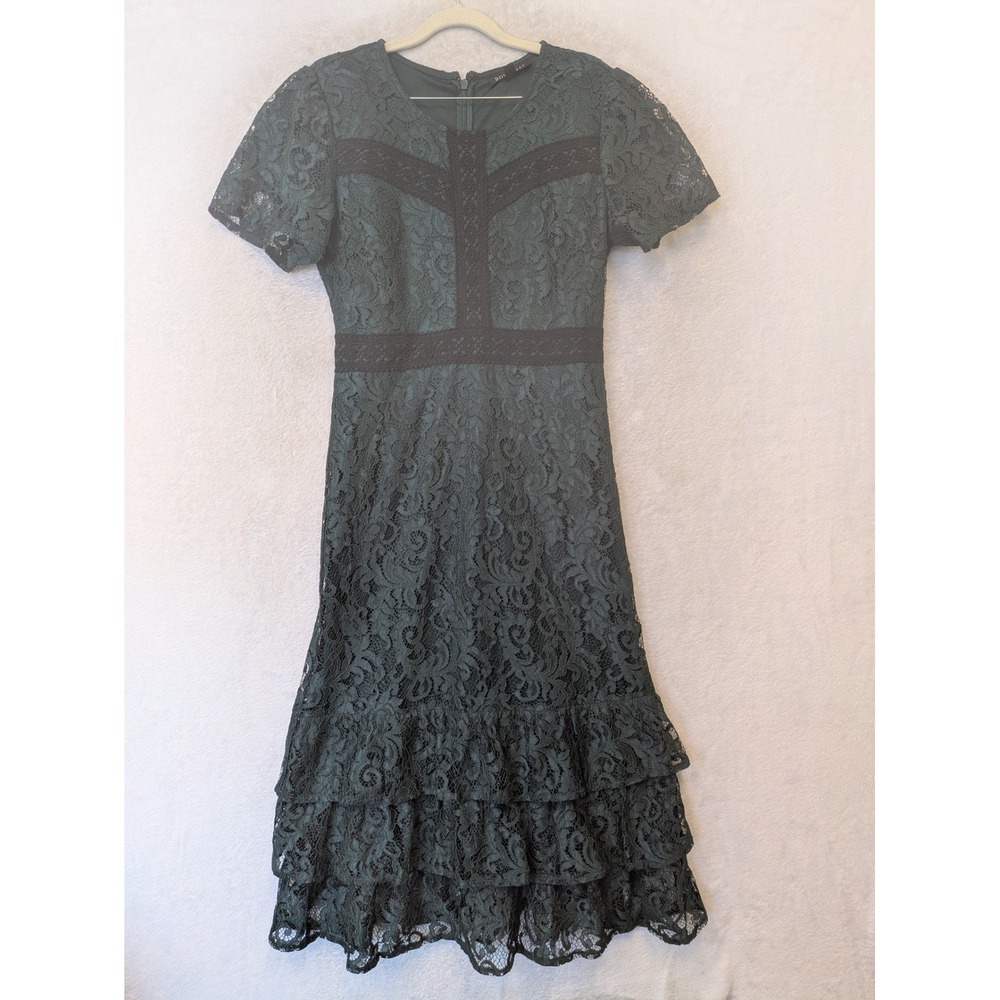 Downeast Dress Women's M Dark Turquoise Lace Tiered Midi V-Neck